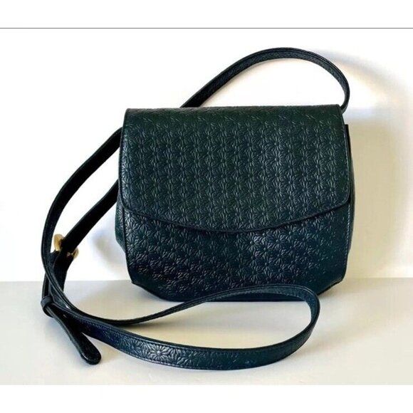 Escada Handbags - Vintage Escada Daisy Embossed Leather Handbag Dark Navy Blue Crossbody Small Bag